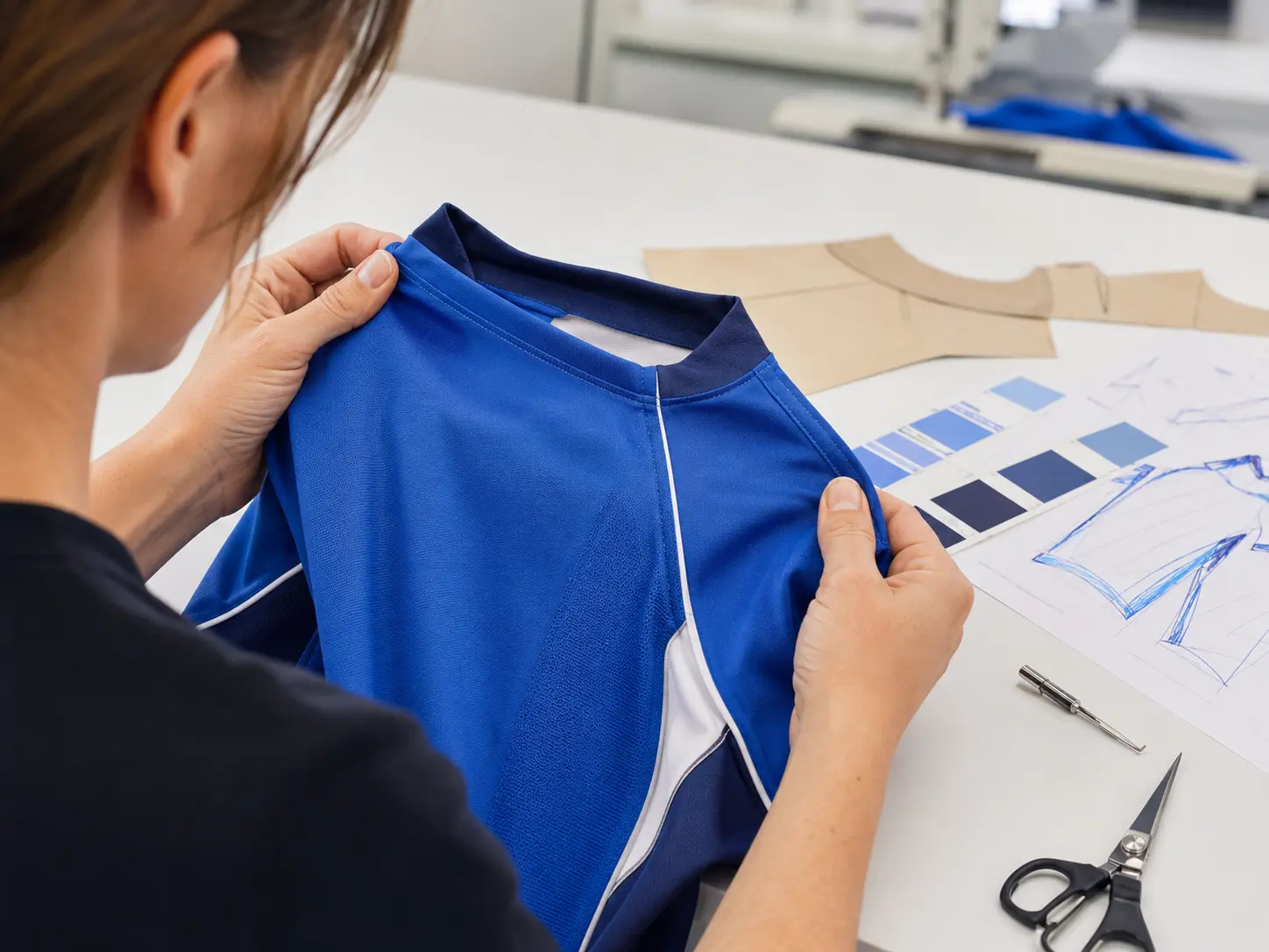 Designer inspecting the construction of a custom blue team jersey