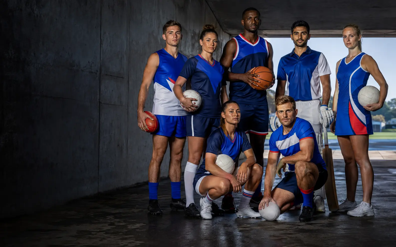 Athletes wearing coordinated custom blue teamwear